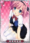  black_ribbon blue_eyes card_(medium) garter_straps grisaia_(series) grisaia_no_kajitsu hair_ribbon kneeling komine_sachi looking_at_viewer open_mouth pink_hair ribbon short_hair solo thighhighs white_legwear 