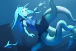  1girl blue_eyes blue_hair female fins fish hasukawa_isaburou head_fins horn monster_girl original scylla skirt tentacle underwater water 