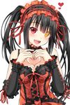  bare_shoulders black_hair blush breasts cleavage clock_eyes date_a_live hairband heart heart_hands heterochromia highres lolita_fashion lolita_hairband long_hair looking_at_viewer medium_breasts oekakizuki red_eyes smile solo symbol-shaped_pupils tokisaki_kurumi twintails yellow_eyes 