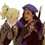  alternate_costume ana_(overwatch) beret black_hair blonde_hair blue_eyes captain_amari commentary dark_skin eye_of_horus hat hug lips marceline2174 mercy_(overwatch) military military_uniform mother_and_daughter multiple_girls nose overwatch pharah_(overwatch) ponytail red_eyes sleeping uniform younger 