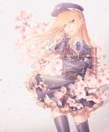  armor black_legwear blonde_hair blue_eyes cherry_blossoms crossdressing dress hat japanese_armor lips long_hair male_focus midare_toushirou necktie otoko_no_ko petals shino_(syllable) shoulder_armor smile sode solo thighhighs touken_ranbu 