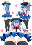  absurdres adapted_costume arms_behind_back ass blue_hair blush bow bow_panties clenched_hands d: feet_together food food_on_head fruit fruit_on_head full-face_blush full_body hair_bow hat heart highres hinanawi_tenshi king_(ougon_kingyo-bachi) kneepits long_hair looking_back low-tied_long_hair microskirt multiple_views nervous object_on_head off_shoulder open_mouth panties pantyshot pantyshot_(standing) peach pov_crotch red_eyes sketch skindentation skirt standing sweatdrop thick_thighs thighhighs thighs touhou turnaround undersized_clothes underwear very_long_hair 