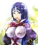  absurdres blue_eyes blue_hair breasts covered_nipples eyebrows fate/grand_order fate_(series) highres large_breasts long_hair looking_at_viewer minamoto_no_raikou_(fate/grand_order) open_mouth pista solo twitter_username 