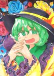  blue_flower blue_rose bow flower frills green_eyes green_hair hat hat_bow highres komeiji_koishi open_mouth ramototu rose solo steepled_fingers touhou traditional_media wide_sleeves yellow_flower yellow_rose 