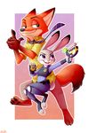  2016 anthro badge border canine claws clothed clothing disney duo female fox fur gloves_(marking) gradient_background green_eyes grey_fur half-closed_eyes hi_res hindpaw holding_object holding_weapon judy_hopps lagomorph male mammal markings necktie nick_wilde orange_fur pawpads paws police_uniform purple_eyes rabbit ranged_weapon siden simple_background smile toe_claws tranquilizer uniform weapon white_border zootopia 