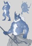  anthro armor beard clothed clothing demon facial_hair fangs featureless_crotch hair horn hornedfreak male melee_weapon nude solo standing sword teeth weapon white_hair 