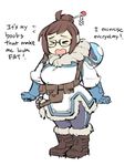  &gt;_&lt; boots breasts brown_hair chibi closed_eyes coat drone english full_body gebyy-terar glasses hair_bun hair_ornament hair_stick large_breasts mei_(overwatch) overwatch pout short_hair snowball_(overwatch) solo thick_thighs thighs weight_conscious wide_hips winter_clothes 