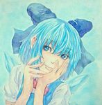  acrylic_paint_(medium) blue_background blue_eyes blue_hair bow bowtie cirno graphite_(medium) hair_bow hands_on_own_cheeks hands_on_own_face head_tilt ice ice_wings light_smile lips looking_at_viewer pose short_hair solo touhou traditional_media upper_body watercolor_(medium) wings yuyu_(00365676) 