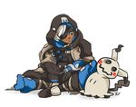  3d_rod! ana_(overwatch) braid crossover dark_skin eyepatch gen_7_pokemon grey_hair hijab hood mimikyu old_woman overwatch pokemon pokemon_(creature) pokemon_(game) pokemon_sm sitting 