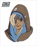  ana_(overwatch) braid character_name dark_skin eyepatch face facial_mark facial_tattoo grey_hair hijab hood looking_at_viewer old_woman overwatch simple_background solo tattoo white_background 