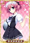  black_ribbon blue_eyes card_(medium) grisaia_(series) grisaia_no_kajitsu hair_ribbon komine_sachi looking_at_viewer maid maid_headdress pink_hair ribbon short_hair smile solo 