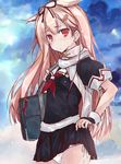  bag black_gloves black_ribbon black_serafuku black_skirt blonde_hair cloud cloudy_sky day dripping fingerless_gloves gloves hair_flaps hair_ornament hair_ribbon hairclip kantai_collection long_hair looking_at_viewer neckerchief outdoors panties red_eyes remodel_(kantai_collection) ribbon scarf school_uniform serafuku shirt short_sleeves side-tie_panties skirt skirt_lift sky solo underwear water wet wet_clothes wet_hair wet_shirt white_panties white_scarf yumesato_makura yuudachi_(kantai_collection) 