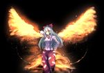  bow fiery_wings fire fujiwara_no_mokou hair_bow highres kikimifukuri long_hair pants silver_hair solo suspenders touhou very_long_hair wings 
