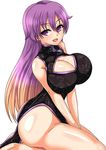  :d alternate_costume ass bare_shoulders black_dress blonde_hair blush breasts china_dress chinese_clothes cleavage cleavage_cutout commentary_request dress gradient_hair highres hijiri_byakuren large_breasts long_hair looking_at_viewer multicolored_hair n_(dai_n_honpo) open_mouth pelvic_curtain purple_eyes purple_hair seiza shiny shiny_skin sitting sleeveless sleeveless_dress smile solo thighs touhou two-tone_hair v-shaped_eyebrows v_arms 
