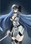  akame_ga_kill! akgotch blue_eyes blue_hair boots breasts choker cleavage collarbone esdeath hat highres large_breasts long_hair looking_at_viewer military military_uniform peaked_cap rapier smile solo sword thigh_boots thighhighs uniform very_long_hair weapon 
