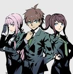  2girls asahina_aoi blue_eyes brown_hair danganronpa danganronpa_3 formal gloves green_eyes hand_in_pocket kirigiri_kyouko long_hair multiple_girls naegi_makoto nanaya_(daaijianglin) necktie ponytail purple_eyes purple_hair short_hair suit 