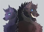  anthro beard breasts brother brother_and_sister canine duo facial_hair fangs featureless_breasts female fox hornedfreak looking_back male mammal sibling simple_background sister smile teeth wolf 