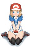  baseball_cap black_legwear blonde_hair blue_eyes blush breasts cosplay fingerless_gloves gloves hat kashu looking_at_viewer pokemon pokemon_(anime) satoshi_(pokemon) satoshi_(pokemon)_(cosplay) serena_(pokemon) short_hair solo thighhighs underwear white_background 