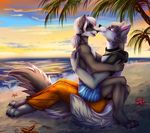  2016 5_fingers anthro beach canine clothing collar detailed_background duo eyes_closed fur grey_fur hair ketty-leopardess lying male male/male mammal open_mouth outside pale_eyes pants seaside sitting skunk sky tongue water white_fur white_hair wolf 