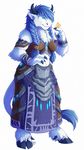  anthro armor blue_hair bovine cattle clothed clothing fangs female hair half-closed_eyes horn hornedfreak mammal simple_background smile solo standing teeth white_background 