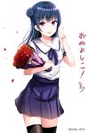  blue_hair blush bouquet flower hair_bun highres long_hair looking_at_viewer love_live! love_live!_sunshine!! morerin open_mouth purple_eyes school_uniform serafuku skirt smile solo thighhighs translated tsushima_yoshiko v zettai_ryouiki 