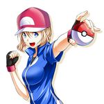  bad_id bad_pixiv_id baseball_cap blonde_hair blue_eyes blush breasts cosplay fingerless_gloves gloves hat kamura_poke looking_at_viewer medium_breasts open_mouth pokemon pokemon_(anime) pokemon_xy_(anime) satoshi_(pokemon) satoshi_(pokemon)_(cosplay) serena_(pokemon) short_hair smile solo white_background 