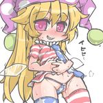  american_flag_dress american_flag_legwear american_flag_panties blush clenched_teeth clownpiece fairy_wings grin hat jester_cap kureha_mitsushige long_hair navel polka_dot sharp_teeth smile solo string_panties striped striped_legwear sweat teeth thighhighs thong touhou wings 