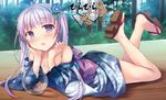  bad_id bad_pixiv_id blush chin_rest commentary_request flower hair_flower hair_ornament hirari japanese_clothes kimono long_hair looking_at_viewer lying new_game! off_shoulder on_stomach open_mouth purple_eyes purple_hair sandals solo suzukaze_aoba twintails yukata 