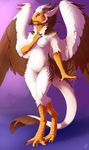  anthro avian beak bird breasts dragon eastern_dragon feathered_wings feathers featureless_breasts female hornedfreak hybrid nude pussy simple_background smile solo standing vulture wings 