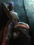  2016 abs alien anthro armpits balls biceps big_balls big_penis digital_media_(artwork) feathers first_person_view genital_focus grey_scales grey_skin hair half-erect humanoid_penis lizard looking_at_viewer low-angle_view male mask muscular muscular_male nude partially_retracted_foreskin pecs penis penis_close-up pose precum pubes purple_hair reptile scales scalie simple_background solo standing submissive submissive_pov uncut unknown_artist vein veiny_penis worm&#039;s-eye_view 