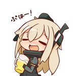  beer_mug chibi closed_eyes commentary cup garrison_cap hat holding holding_cup kantai_collection kodomo_beer long_hair nuu_(nu-nyu) open_mouth simple_background solo translated u-511_(kantai_collection) white_background 