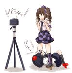  :d ^_^ black_legwear black_neckwear black_skirt blush bow brown_hair camera checkered checkered_skirt closed_eyes double_v full_body geta hair_bow hat himekaidou_hatate implied_pantyshot multiple_girls necktie open_mouth pointy_ears purple_bow round_teeth self_shot shameimaru_aya shirt short_sleeves skirt smile socks teeth tengu-geta tokin_hat touhou twintails v white_shirt yozuki_shokora 