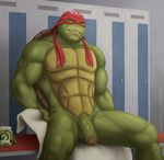  anthro athletic balls bandanna bench changing_room dressing_room_(disambiguation) food grin half-erect humanoid_penis locker_room looking_at_viewer male mostly_nude msobscure naked_towel naughty_face partially_retracted_foreskin penis pickle_(food) presenting presenting_penis raphael_(tmnt) reptile scalie signature solo spread_legs spreading teenage_mutant_ninja_turtles towel turtle uncut url vein veiny_penis 