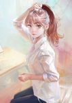  adjusting_hair arata_yokoyama brown_eyes brown_hair character_request collared_shirt commentary from_side hand_in_hair lips looking_at_viewer original ponytail shirt sketch sleeves_rolled_up solo white_shirt 