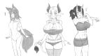  ! 3girls :3 :d abs animal_ear_fluff animal_ears bare_arms bare_shoulders bike_shorts blush breasts collarbone commentary cow_tail cowboy_shot crop_top english_commentary eyebrows_visible_through_hair eyes_visible_through_hair fang fox_ears fox_tail greyscale highres holding_own_tail horns huge_breasts impossible_clothes impossible_sweater large_breasts looking_at_viewer medium_breasts medium_hair midriff monochrome multiple_girls muscle muscular_female no_pants off_shoulder oni_horns open_mouth original pointy_ears ponytail ribbed_sweater shirt short_hair short_sleeves simple_background sleeveless sleeveless_turtleneck smile sweat sweater t-shirt tail taut_clothes turtleneck turtleneck_sweater twrlare 