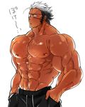 1boy abs bara body_hair eyepatch male_focus msucle multicolored_hair pecs silver_hair solo topless 