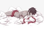  ass bed_sheet dark_skin dark_skinned_male dungeon_and_fighter jewelry looking_at_viewer lying male_fighter_(dungeon_and_fighter) male_focus muscle necklace on_stomach pillow salmon_sushi solo spot_color 