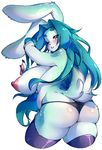  2016 anthro areola big_breasts big_ears big_nipples blue_eyes blue_fur blue_hair blush breasts butt claws clothing female fur hair hi_res lagomorph legwear lips long_hair looking_at_viewer mammal nipples one_eyes_closed panties pawpads pink_nose pink_pawpads rabbit simple_background slightly_chubby smile solo spots stockings thick_thighs thong underwear venusflowerart white_background white_fur 