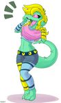  2016 absurd_res alligator anthro black_eyes blonde_hair bratty_(undertale) clothed clothing crocodilian female hair hi_res legwear lipstick long_hair midriff open_mouth pink_sclera reptile scalie shorts simple_background skoon slit_pupils solo striped_legwear stripes tongue undertale video_games white_background 