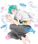  air_bubble aqua_hair barefoot bubble ensemble_stars! fetal_position fingers_together fish green_eyes green_neckwear heart jellyfish looking_at_viewer male_focus navel necktie open_clothes open_shirt pants plaid plaid_pants plantar_flexion school_uniform shinkai_kanata shirt simple_background smile solo white_background yoshiki_(253633) yumenosaki_school_uniform 