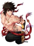  ass bandages blackkdogg blush dungeon_and_fighter grey_eyes headband male_fighter_(dungeon_and_fighter) male_focus muscle nipples scar shirtless simple_background solo striker_(dungeon_and_fighter) tattoo twitter_username undressing white_background 