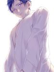  absurdres bottomless covered_nipples dress_shirt ensemble_stars! from_below furei_milk fushimi_yuzuru highres looking_at_viewer male_focus purple_eyes purple_hair shirt simple_background solo white white_background 