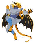  anthro armor dragon fangs horn hornedfreak male simple_background solo standing stripes teeth wings 
