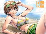  amania_orz artist_name beach bikini bikini_top blush breasts brown_eyes brown_hair character_name closed_mouth cloud collarbone dated day eyewear_on_head glasses large_breasts looking_at_viewer lying navel ocean on_back outdoors persona persona_4 sand satonaka_chie shore short_hair shorts sky solo sunglasses swimsuit water yellow-framed_eyewear 