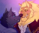  anthro beard blonde_hair canine clothed clothing duo ear_piercing facial_hair fangs female hair hornedfreak male male/female mammal piercing simple_background smile standing teeth wolf 