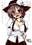  absurdres bad_id bad_pixiv_id bow breasts brown_eyes brown_hair cleavage collar collared_shirt hair_ribbon hat hat_bow highres long_sleeves open_collar open_mouth ribbon shirt short_hair skirt solo suzu_keika touhou translated usami_renko 