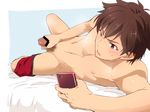  bed_sheet blush boxers breath brown_hair cellphone censored ensemble_stars! looking_down male_focus male_masturbation male_pubic_hair male_underwear masturbation morisawa_chiaki open_mouth penis phone precum pubic_hair red_eyes smartphone solo takamiya_mizuki testicles underwear underwear_removed 