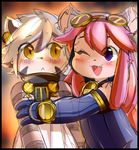  berseepon09 black_nose blush canine chocolat_gelato cute duo elh_meliz&eacute;e eyewear fangs female fur goggles hair hug male mammal open_mouth perked_ears pink_hair small_fangs solatorobo tan_fur tongue video_games white_hair 