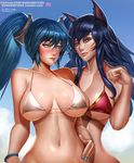  ahri animal_ears artist_name badcompzero bangs bikini black_hair blue_eyes blue_nails blush bracelet breasts cleavage closed_mouth cloud collarbone day eyelashes facial_mark fox_ears grin hair_between_eyes hair_ornament jewelry large_breasts league_of_legends long_hair looking_at_another multiple_girls nail_polish navel patreon_username pink_nails shiny shiny_skin signature sky slit_pupils smile sona_buvelle string_bikini swimsuit tumblr_username twintails underboob upper_body very_long_hair watermark web_address whisker_markings white_bikini yellow_eyes 