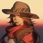  ask_(askzy) brown_eyes brown_hair brown_hat cape cigar cowboy_hat cropped eyebrows eyebrows_visible_through_hair eyelashes genderswap genderswap_(mtf) gradient gradient_background hat lips lipstick makeup mccree_(overwatch) mouth_hold one_eye_closed overwatch poncho red_cape solo upper_body 
